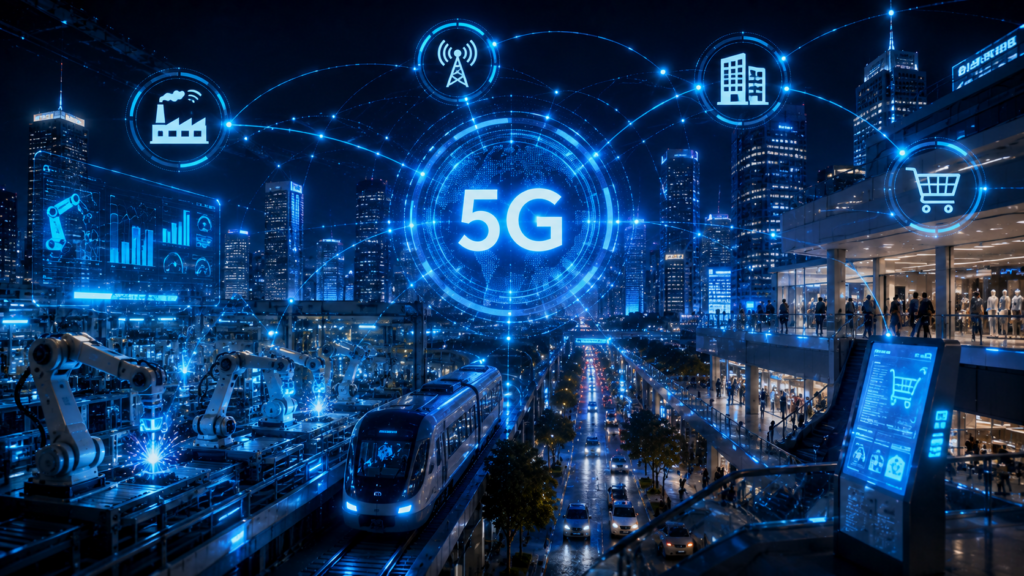 Antena 5G junto a una ciudad conectada con edificios inteligentes y vehículos en movimiento.