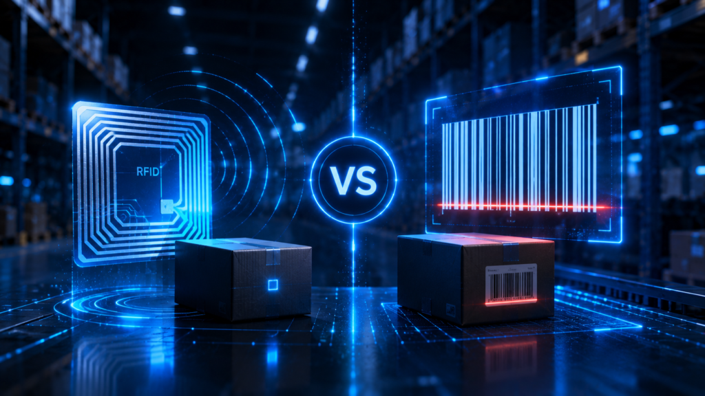 Comparación visual entre una etiqueta de código de barras y una etiqueta RFID sobre productos.