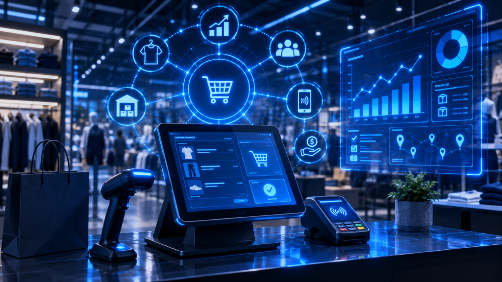 Punto de venta inteligente con pantalla digital y sistema de cobro conectado en una tienda retail.